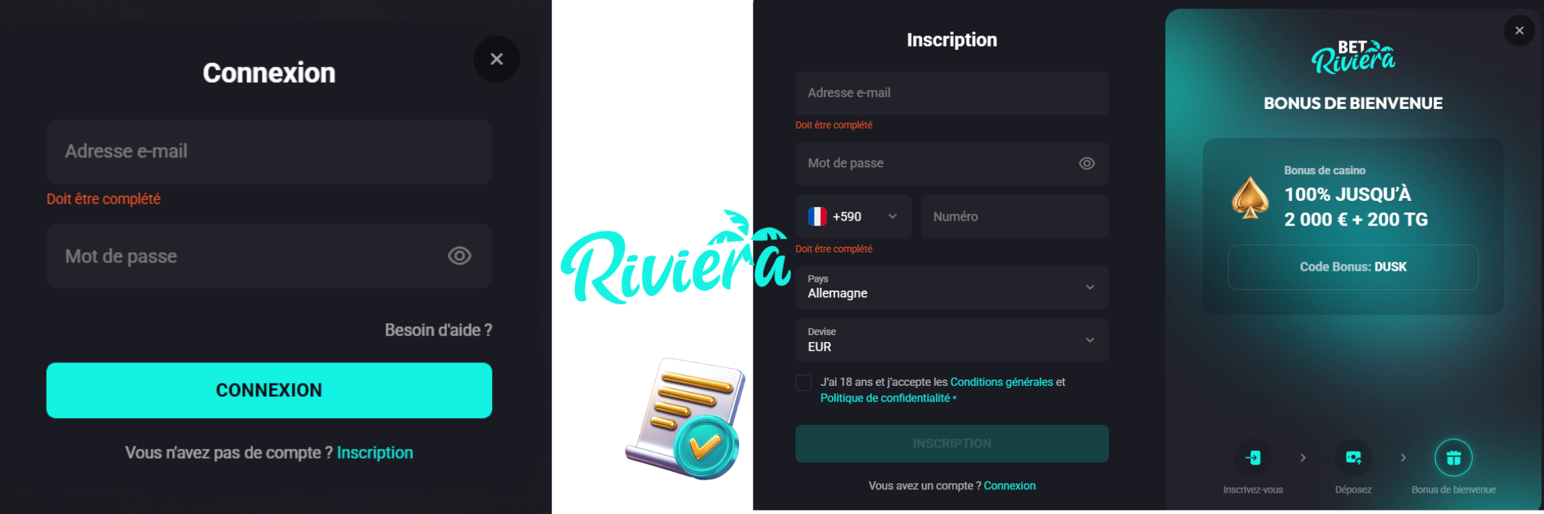 BetRiviera s’inscrire et se connecter
